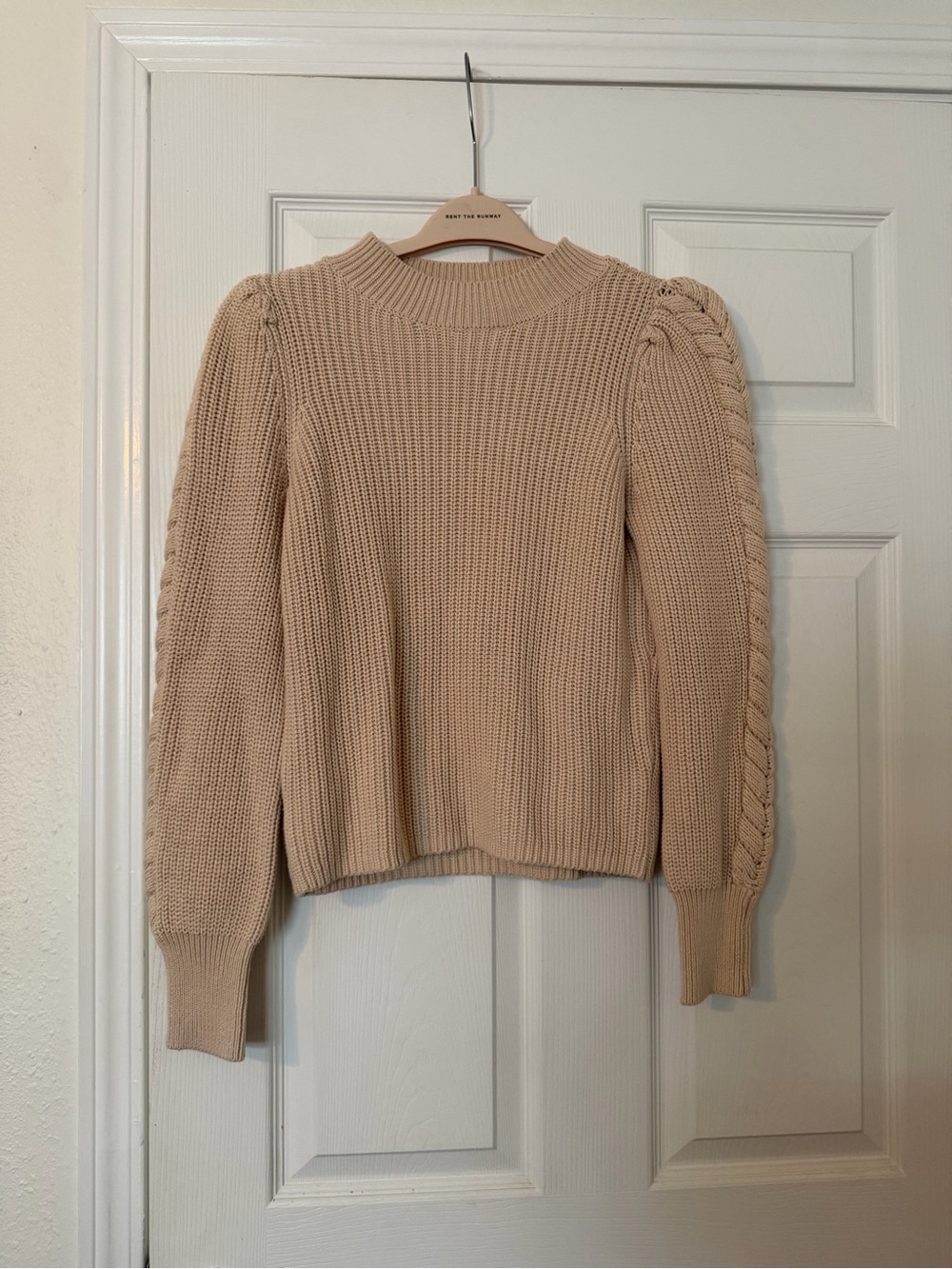 525 America Beige Cable Knit Puff Sleeve Sweater 100% Cotton Size Medium